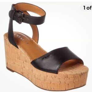 Coach Black Becka Cork Wedge Platform Sandals